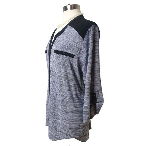 Women's 3X Button Up Top Black & Gray Roll Tab Sleeves Tunic Comfy Blouse - Picture 2 of 6